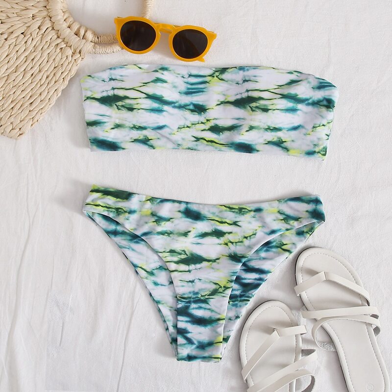 

Marble Print Bandeau Bikini Swimsuit, Multicolor