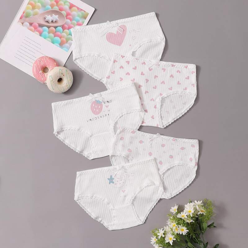 

5pack Strawberry & Heart Print Panty Set, White