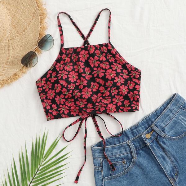

Floral Tie Back Bikini Top, Red
