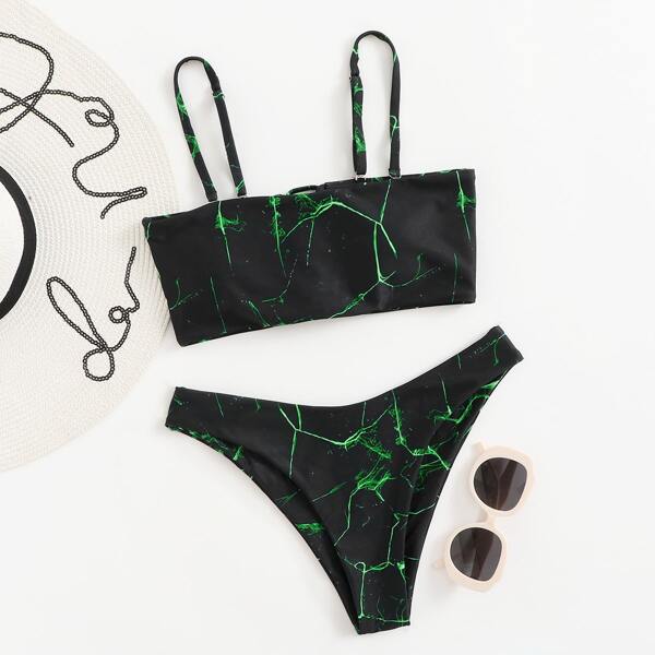 

Graphic Print Lace-up Bikini Swimsuit, Black
