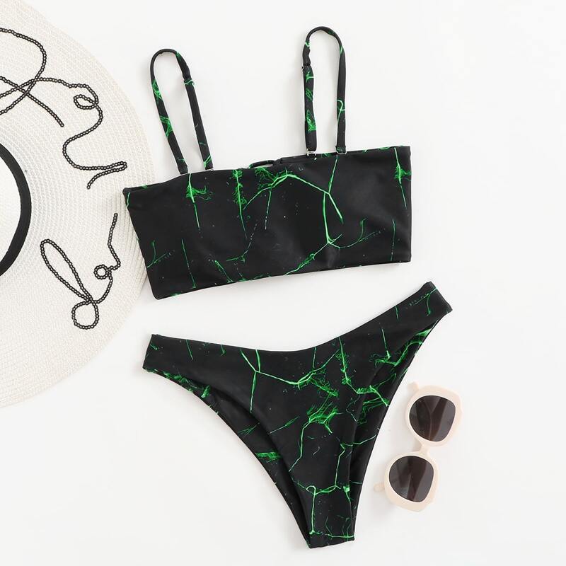 

Graphic Print Lace-up Bikini Swimsuit, Black