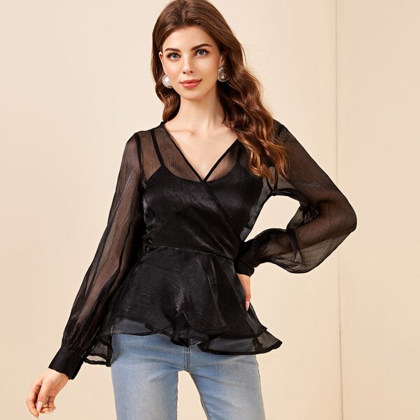 

Wrap Tie Side Organza Peplum Top Without Bra, Black