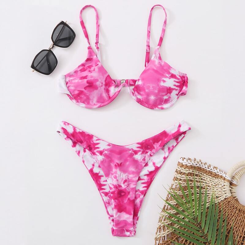 

Tie Dye Underwire High Leg Bikini Swimsuit, Multicolor