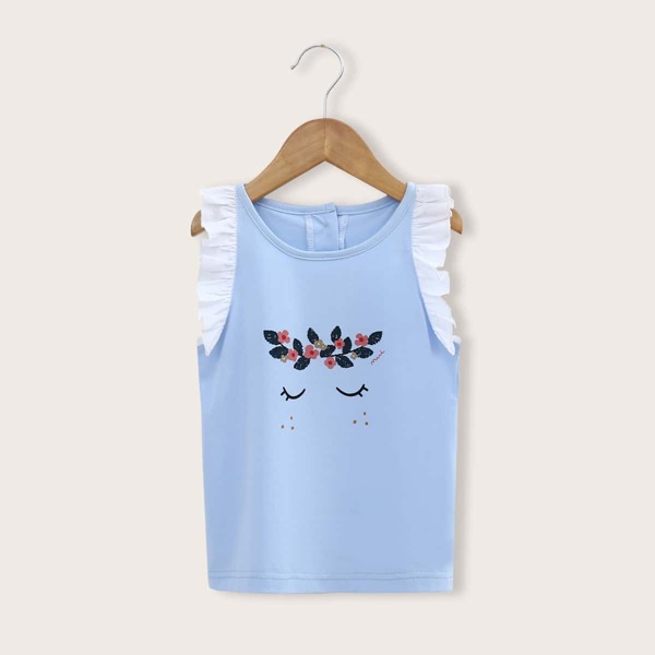 

Toddler Girls Ruffle Trim Cartoon Graphic Top, Baby blue