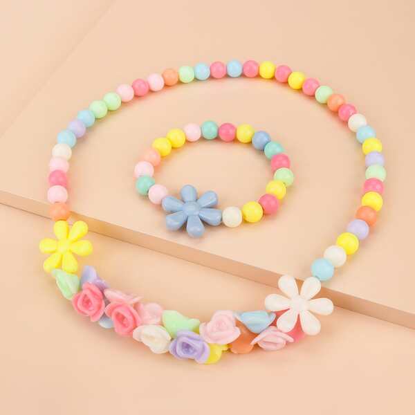 

2pcs Toddler Girls Flower Beaded Jewelry Set, Multicolor