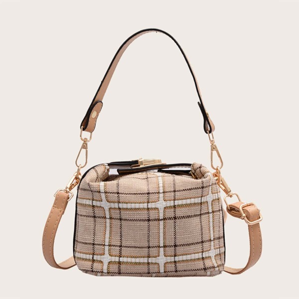 

Plaid Pattern Satchel Bag, Khaki