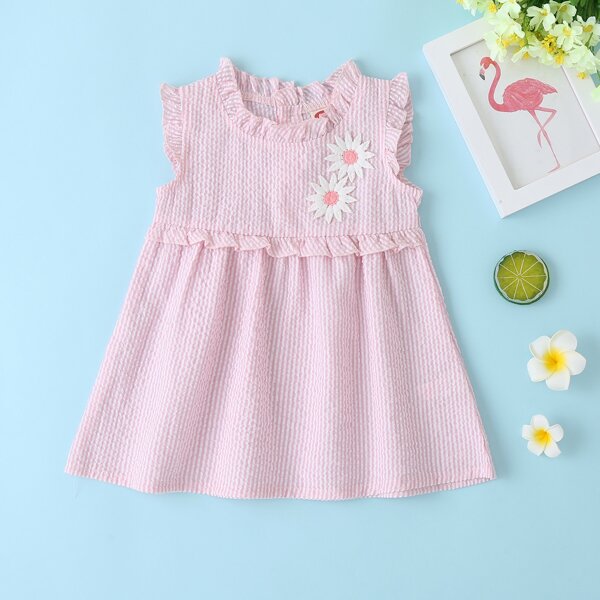 

Baby Girl Appliques Frill Trim Smock Dress, Baby pink