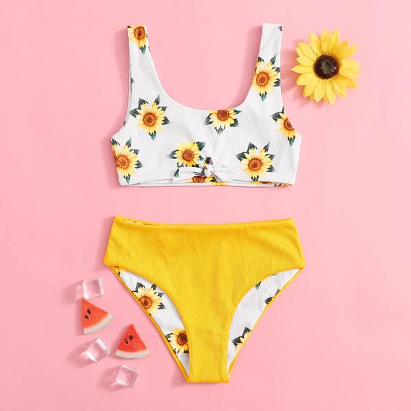 

Girls Sunflower Print Rib Bikini Swimsuit, Multicolor