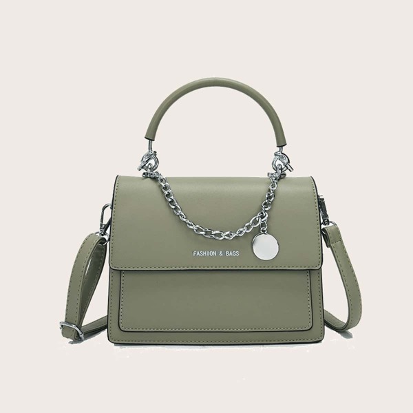 

Letter Graphic Flap Satchel Bag, Green