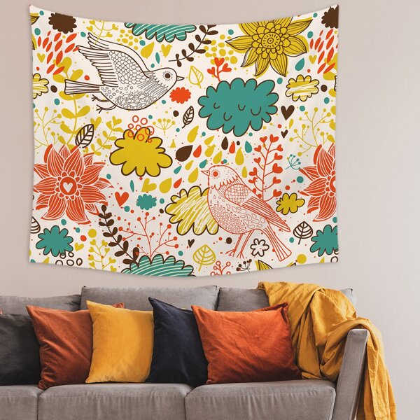 

1pc Flower & Bird Print Tapestry, Multicolor