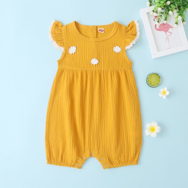 

Baby Girl Appliques Ruffle Trim Tee Romper, Mustard yellow