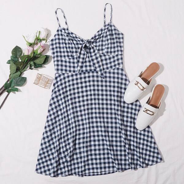 

Tie Front Gingham Cami Dress, Blue and white