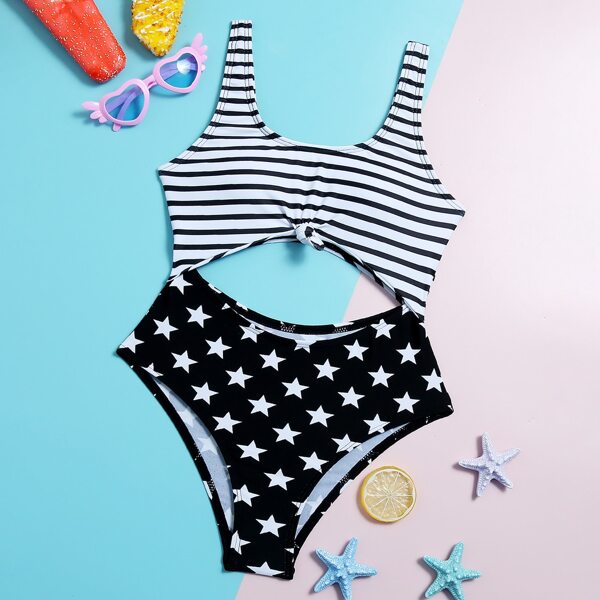 

Girls Star & Striped Cut-out One Piece Swimsuit, Black and white