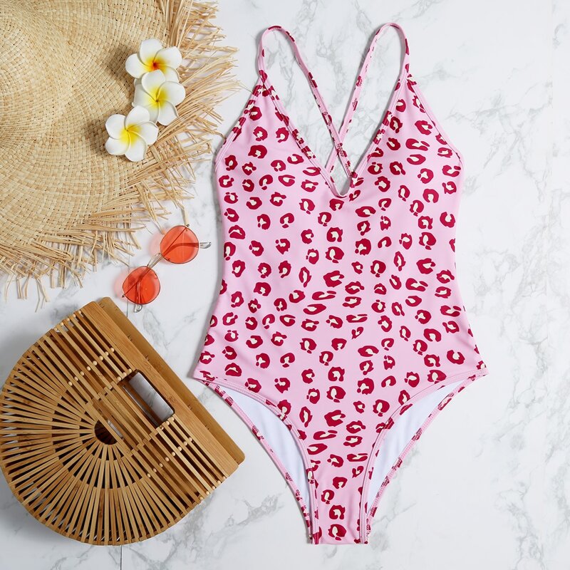 

Allover Print Crisscross One Piece Swimsuit, Pastel baby pink