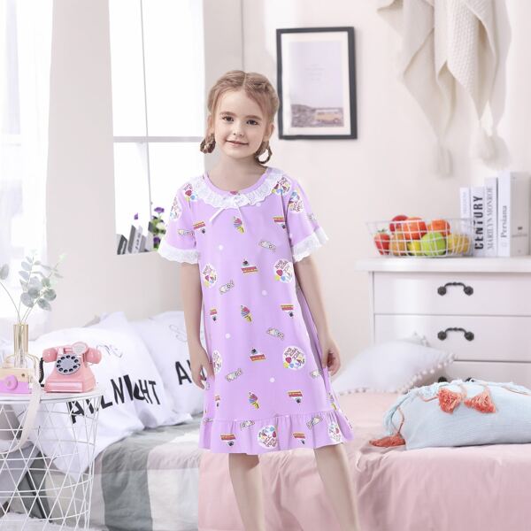 

Toddler Girls Cartoon And Letter Graphic Contrast Lace Night Dress, Lilac purple
