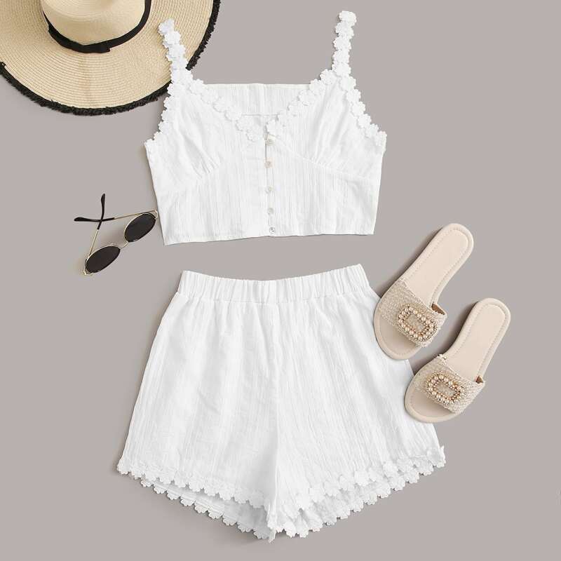 

Crochet Flower Trim Crop Cami & Shorts, White