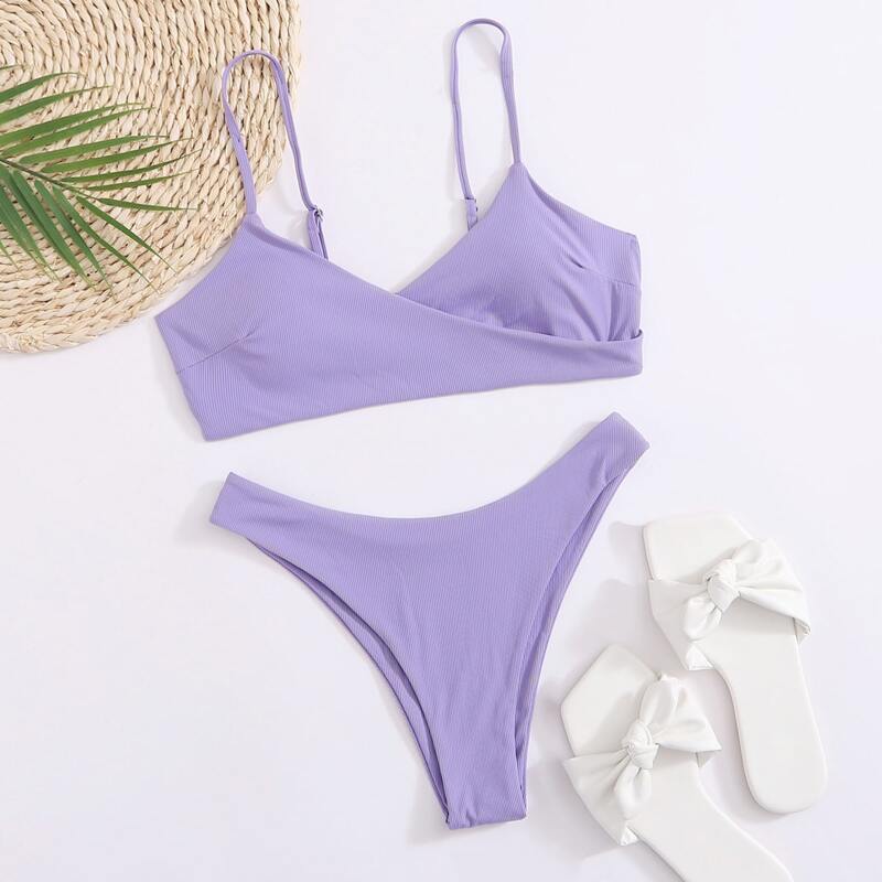 

Rib Wrap High Cut Bikini Swimsuit, Pastel lilac purple