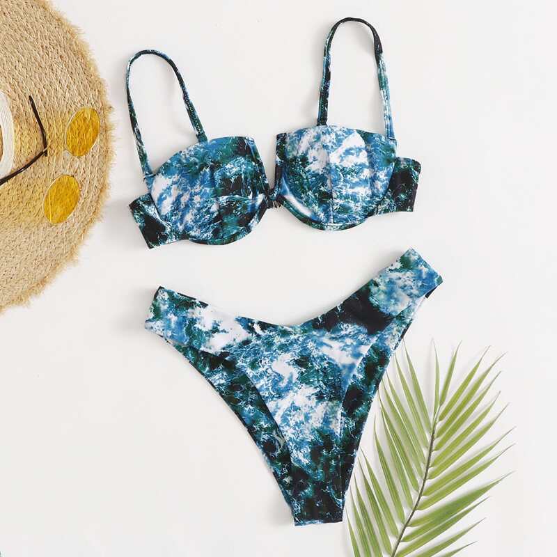 

Sea Wave Print V Wired Underwire Bikini Swimsuit, Teal blue