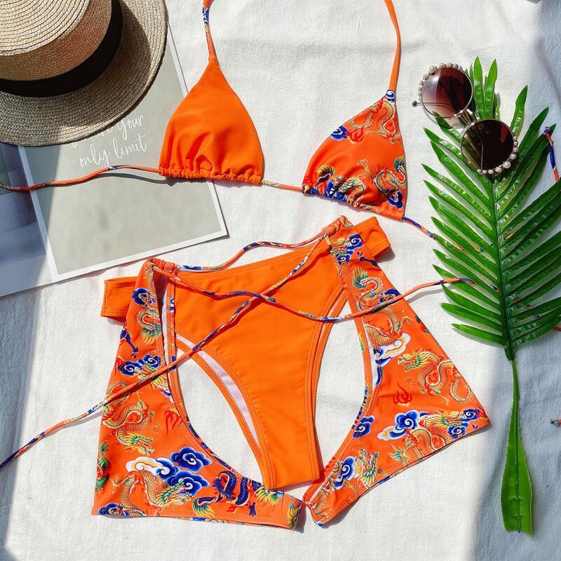 

3pack Chinese Dragon Print Triangle Co-ord Bikini Swimsuit, Orange
