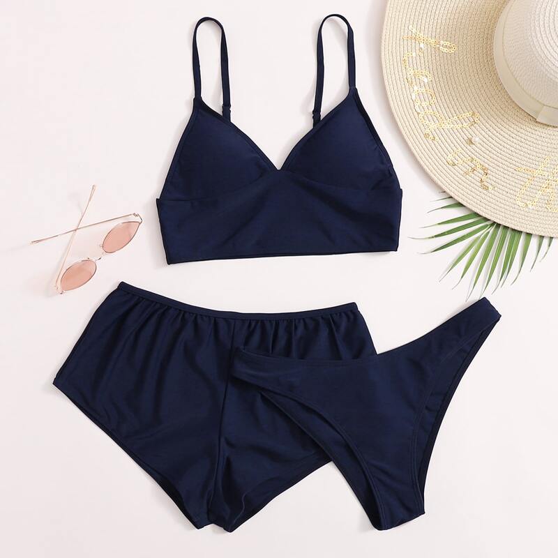 

3pack Solid Co-ord Bikini Swimsuit, Navy blue