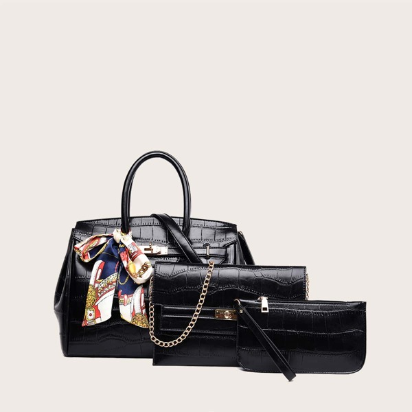 

3pcs Croc Embossed Bag Set, Black