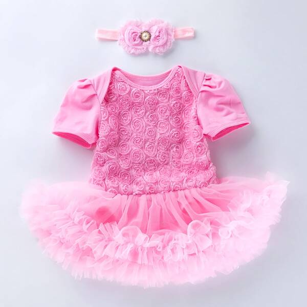 

Baby Girl Floral Detail Tutu Hem Bodysuit, Pink