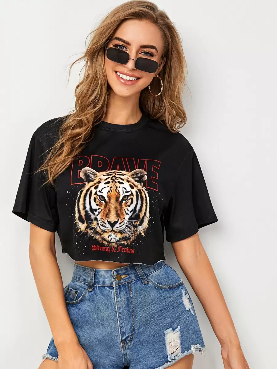 Muchica Letter & Tiger Print Crop Top - Black - View 1