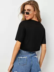 Muchica Letter & Tiger Print Crop Top - Black - View 2