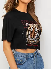 Muchica Letter & Tiger Print Crop Top - Black - View 5