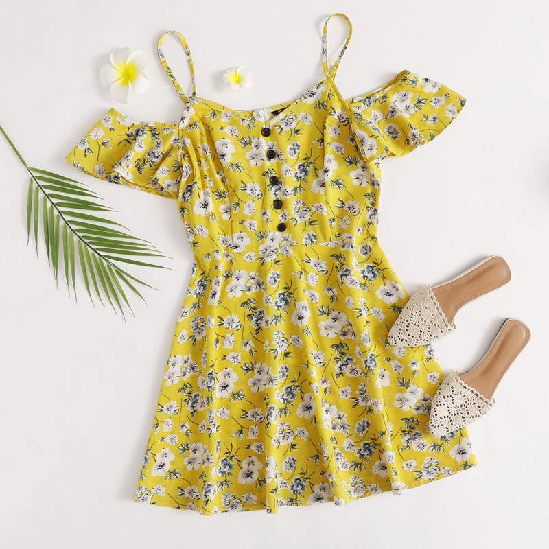

Cold Shoulder Button Front Floral Dress, Yellow