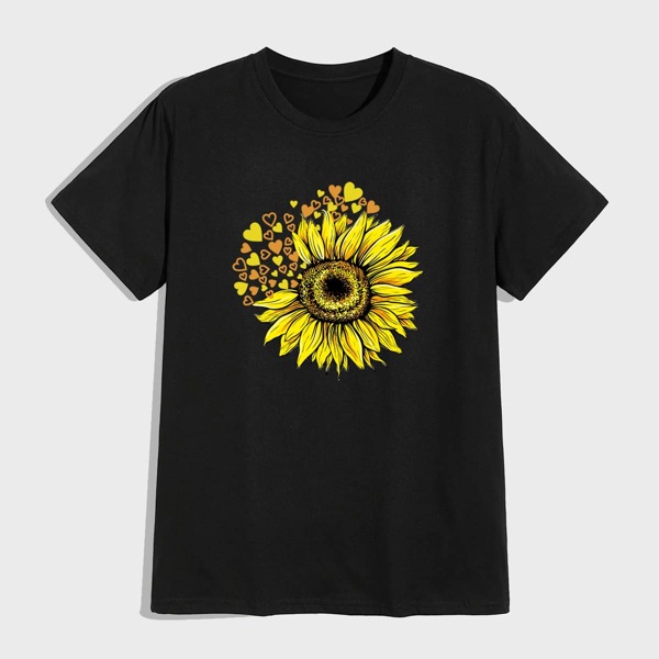 

Men Sunflower & Heart Print Tee, Black