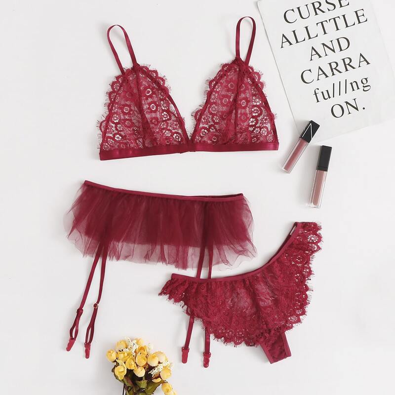 

Floral Lace Garter Lingerie Set, Burgundy