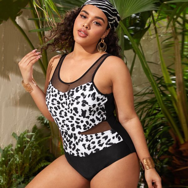 

Plus Leopard Contrast Mesh One Piece Swimsuit, Black and white