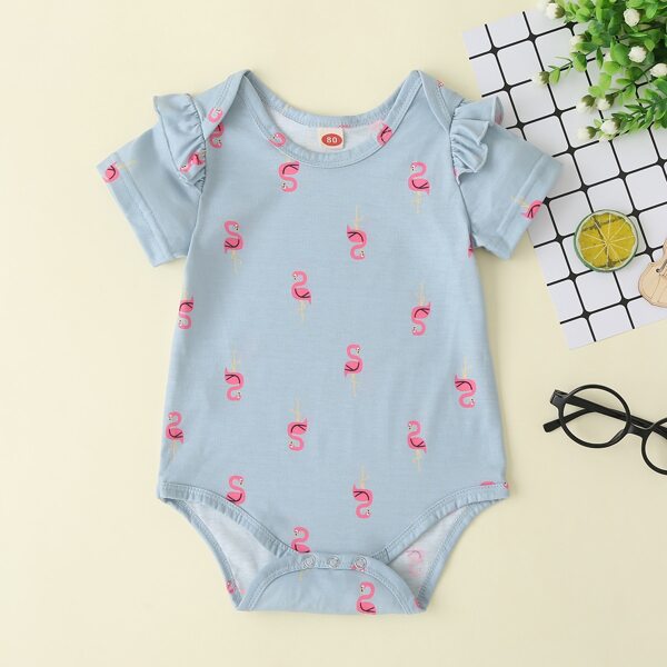 

Baby Girl Frill Trim Flamingo Print Bodysuit, Blue