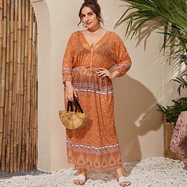 

Plus Tribal Drawstring Waist Cover Up, Burnt orange