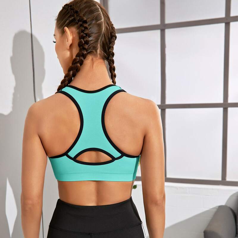 

Medium Support Contrast Binding Cut Out Back Sports Bra, Mint green