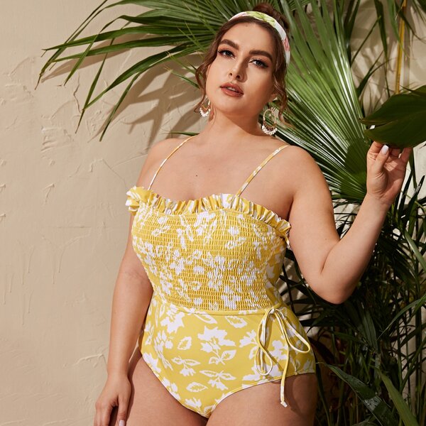 

Plus Floral Smocked One Piece Swimsuit, Yellow