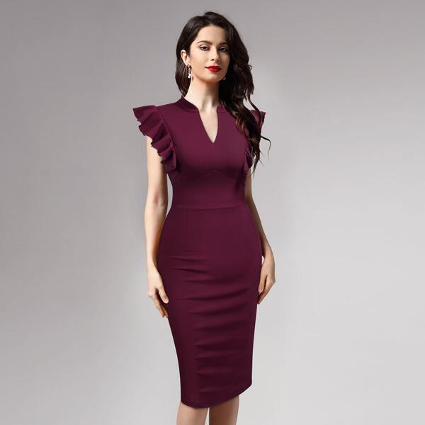 

Notched Neck Ruffle Armhole Bodycon Dress, Maroon