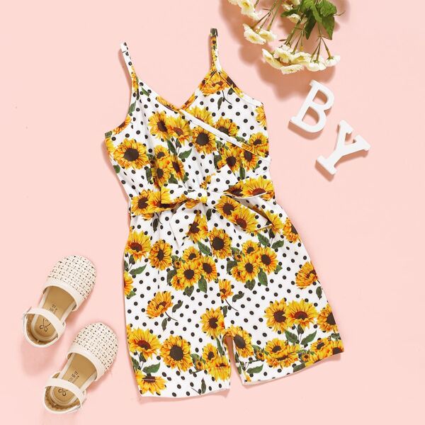 

Toddler Girls Polka Dot Sunflower Print Cami Romper, Multicolor