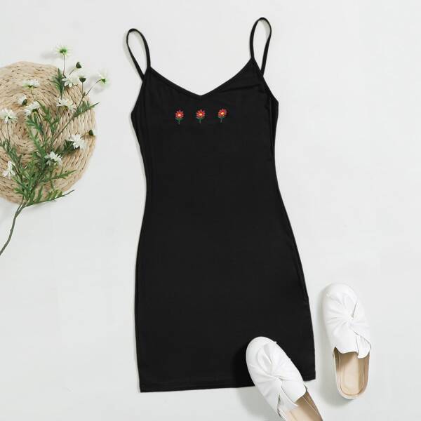 

Floral Embroidered Bodycon Dress, Black