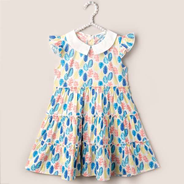 

Toddler Girls Plant Print Contrast Collar Smock Dress, Multicolor