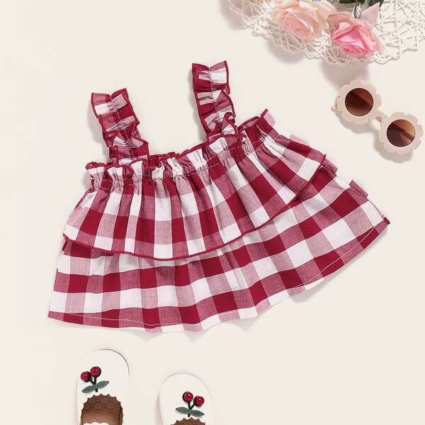 

Toddler Girl Gingham Print Frill Strap Blouse, Multicolor