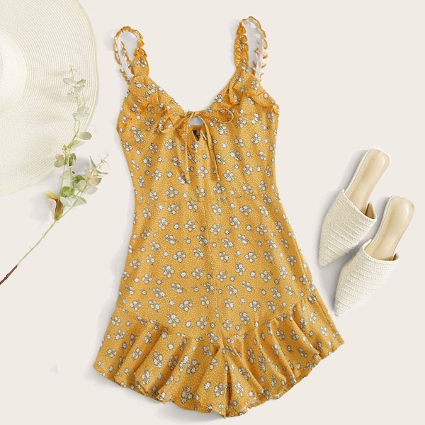 

Ditsy Floral Print Tie Front Ruffle Strap Romper, Yellow