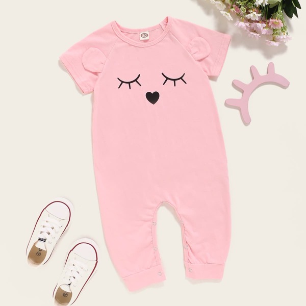 

Baby Girl Cartoon Print 3D Ear Patched Jumpsuit, Baby pink