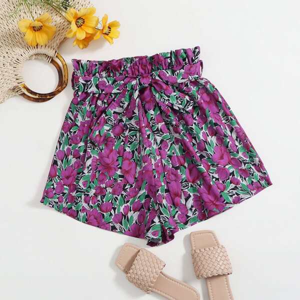 

Paperbag Waist Belted Floral Print Shorts, Multicolor