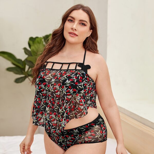 

Plus Floral Print Mesh Halter Lingerie Set, Multicolor