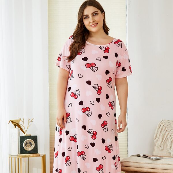 

Plus Cherry And Heart Print Nightdress, Multicolor