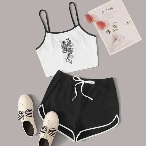 

Plus Contrast Binding Dragon Cami Top & Tie Front Shorts Set, Black and white