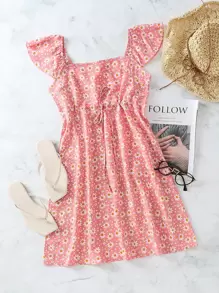 Tie Front Ditsy Floral Print Dress - Pink - View 1