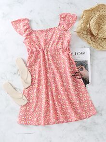 Tie Front Ditsy Floral Print Dress - Pink - View 2